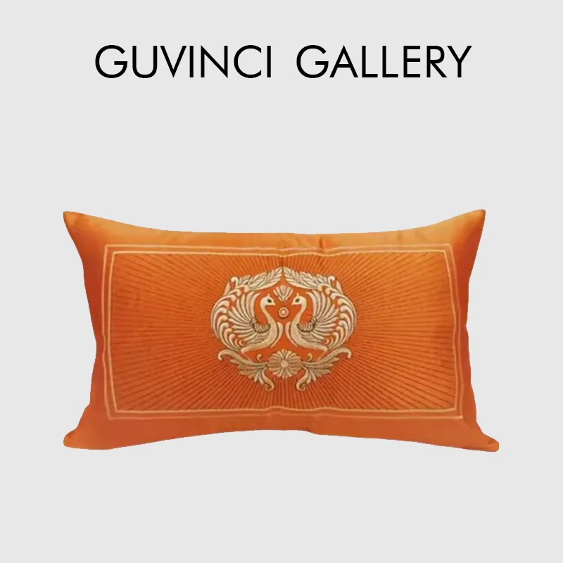 

GUVINCI GALLERY Luxury Hotel Throw Cushion Cover Phoenix Embroidered Royal Orange Lumbar Pillow Case 30x50cm For Villa Office