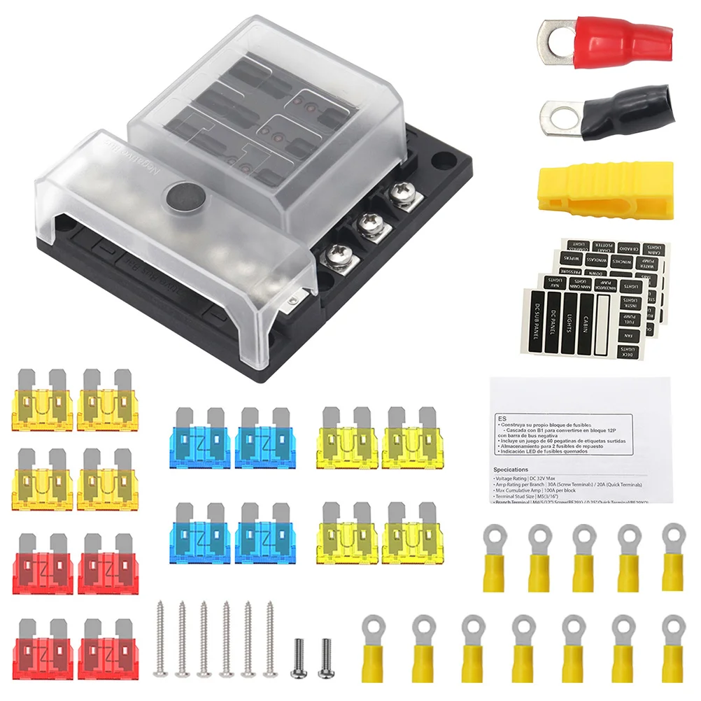 6 Way Fuse Box Marine Block Waterproof Car Aluminum Alloy Terminal Distribution 
6 Way Fuse Box Marine Block Waterproof Car Aluminum Alloy Terminal Distribution