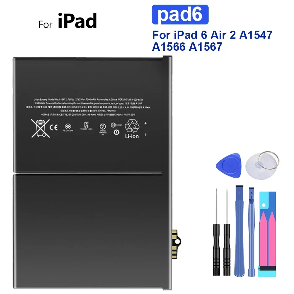 

For Pad6 7340mAh High Quality Replacement Battery For Apple iPad 6 Air 2 IPad6 Air2 A1547 A1566 A1567 Rechargeable Batteries