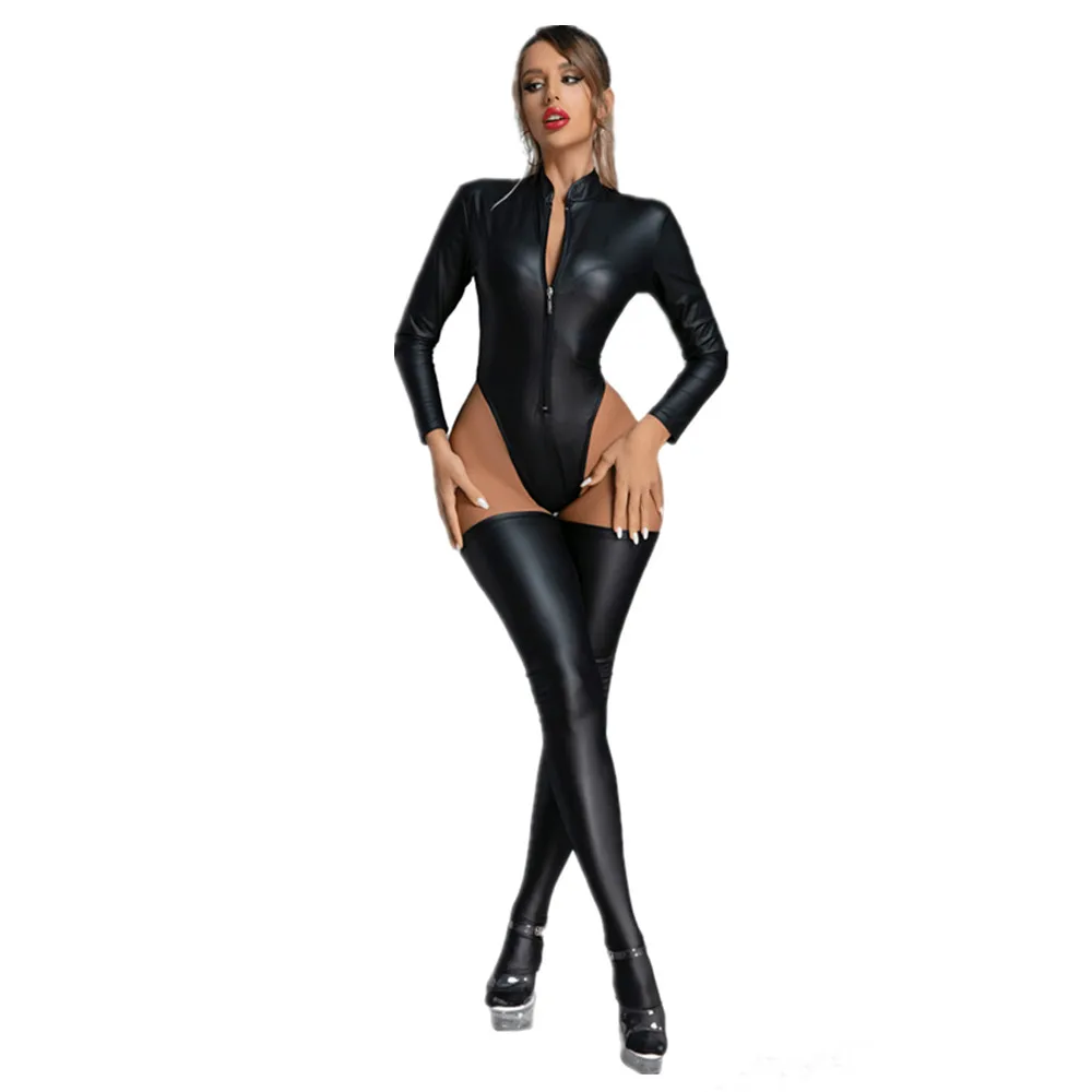 Women Black Lingerie Wetlook Faux Leather Bodysuit Long Sleeve PU Latex Catsuit With Stocking Fetish Clubwear Wear Sexy Costumes
Women Black Lingerie Wetlook Faux Leather Bodysuit Long Sleeve PU Latex Catsuit With Stocking Fetish Clubwear Wear Sexy Costumes