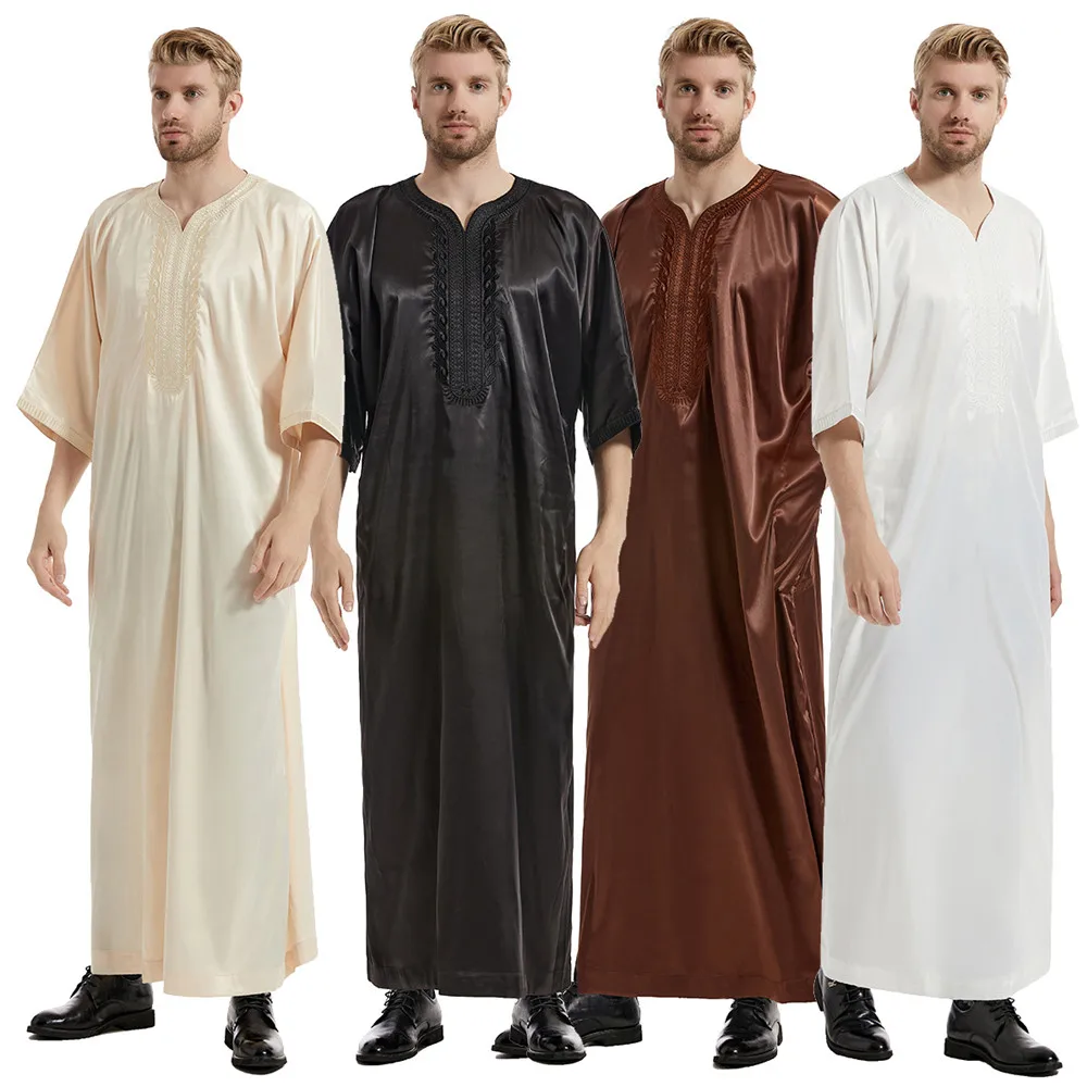 

Traditional Muslim Men Kaftan Robe Satin Embroidery Jubba Thobe Saudi Arab Thoub Turkey Islamic Casual Dress Eid Ramadan Clothes