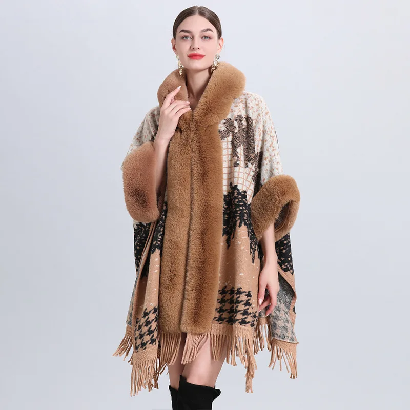 Winter Shawl Poncho Women Faux Fur Collar Hooded Shawl Cloak Female Ticked Blossom Knitted Jacket Woolen Coat
Winter Shawl Poncho Women Faux Fur Collar Hooded Shawl Cloak Female Ticked Blossom Knitted Jacket Woolen Coat