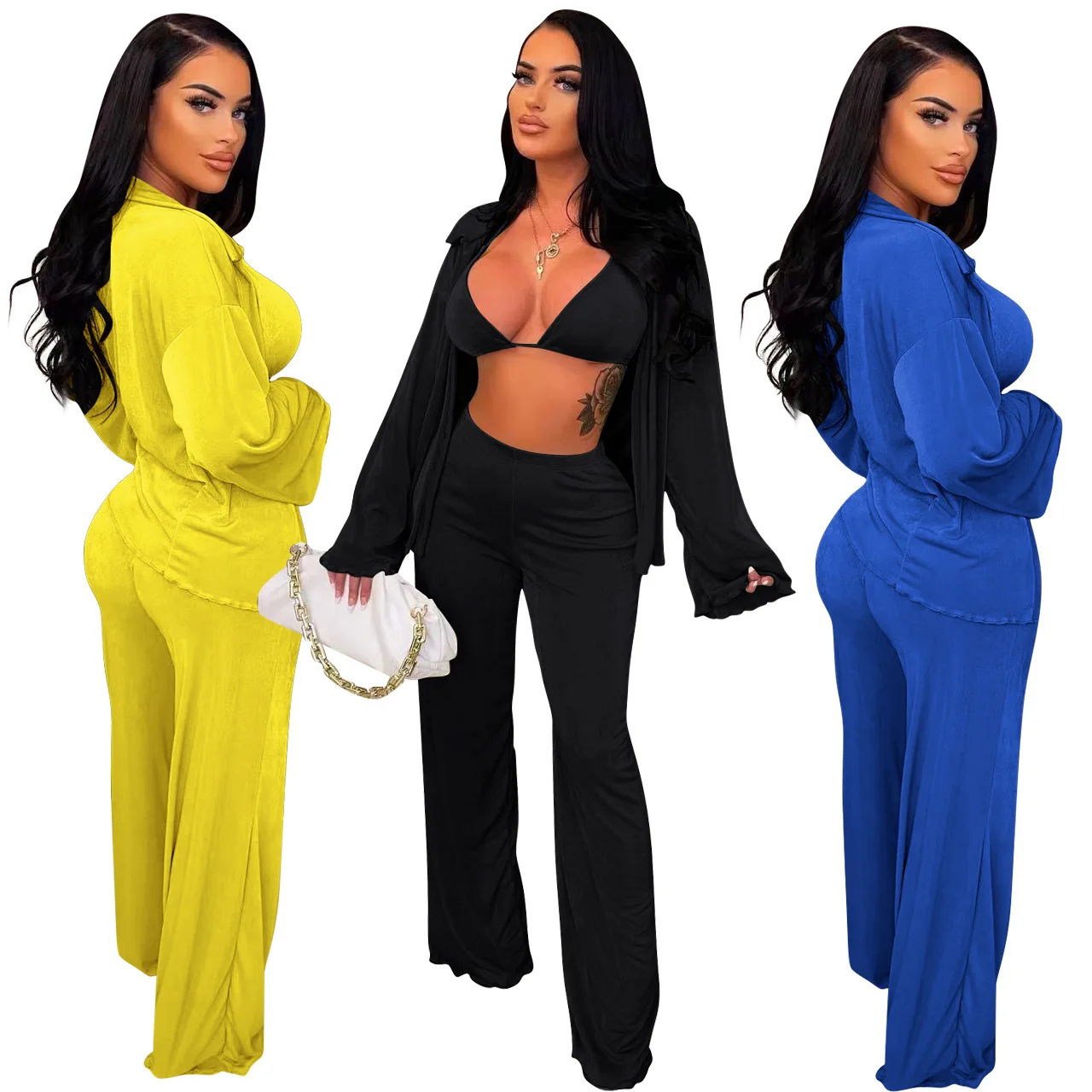 Fall Velvet Bikini Tops Two Piece Set Solid Color Casual Blouses Cardigan Flare Pant Women Elegant Sexy Luxury Beach Outfits
Fall Velvet Bikini Tops Two Piece Set Solid Color Casual Blouses Cardigan Flare Pant Women Elegant Sexy Luxury Beach Outfits