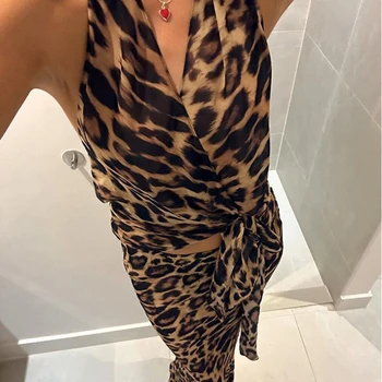 레오파드 무늬 바디콘 여성용 Y2K 맥시 원피스 세트, 홀터 백리스 랩 크롭탑 롱 스커트, 투피스 매칭 세트 의상, 여름 상품 이미지