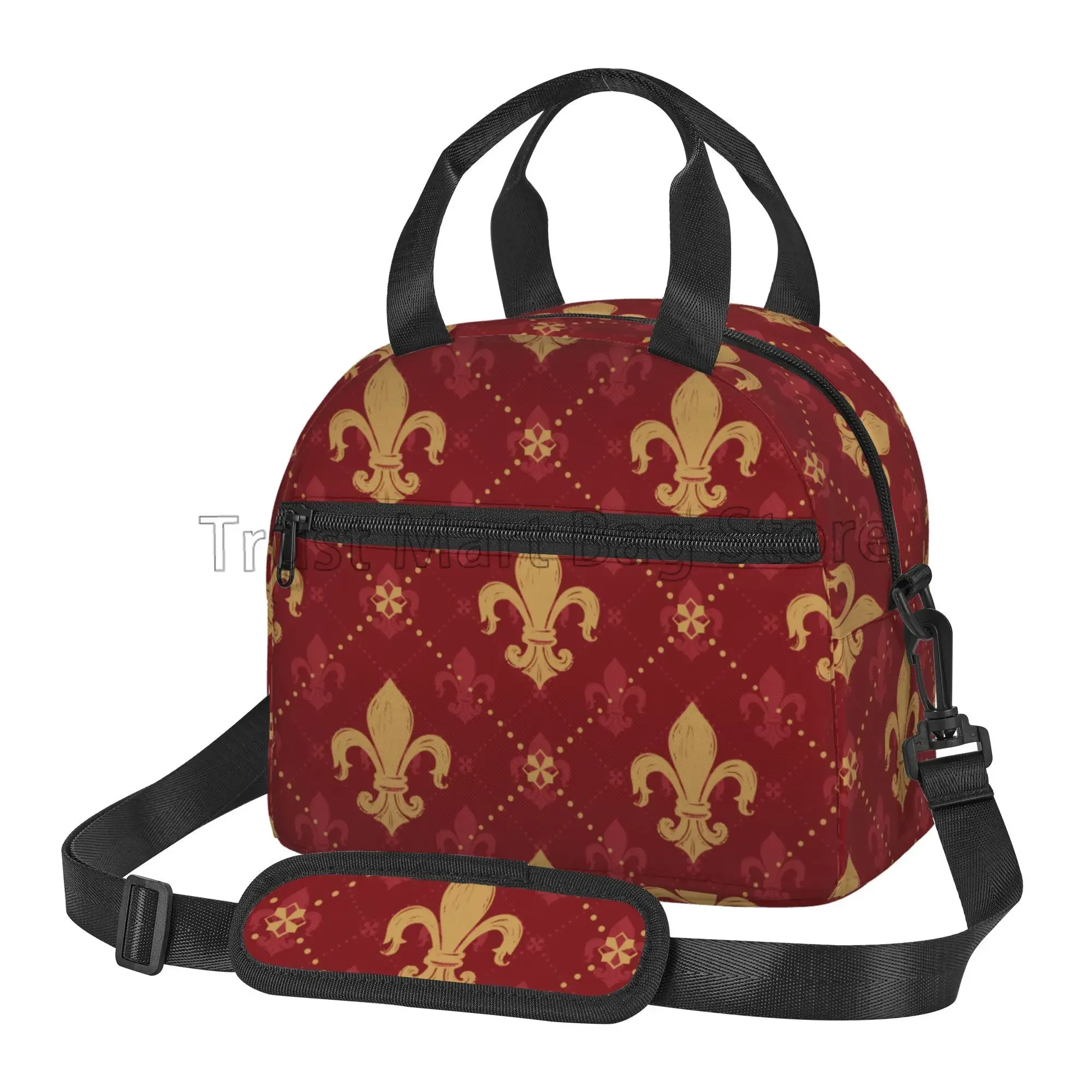 

Heraldic Red Lis Expensive Kingly Gold Lily LYS Fleur Pattern Insulated Lunch Bag Reusable Portable Thermal Bento Tote for Work