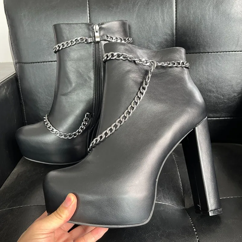 

2024 Handmade Women Platform Winter Ankle Boots Sexy Chain Chunky Heels Round Toe Pretty Black Banquet Shoes Plus Size 5-20