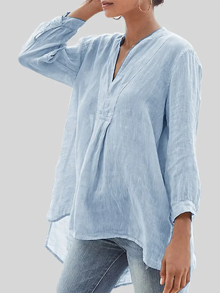 

Solid Minimalist Blouse for Women Soft V-Neck Casual Vintage 3/4 Sleeve Casual Basic Asymmetric Hem Shirts Summer Tops 2024