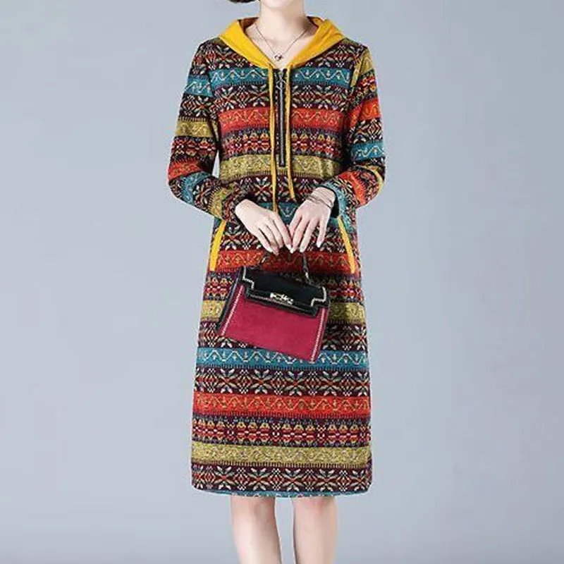 

Printing Multicolor Dresses Fashion Street Casual Lacing Drawstring Straight Long Sleeve Pullovers Autumn Thin Women's Clothing