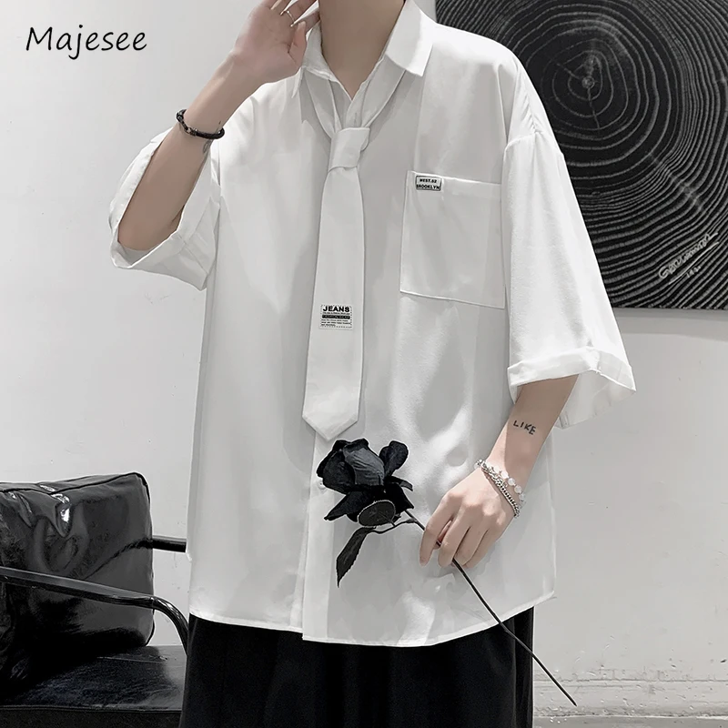 

Shirts Men Youthful Popular Preppy Japanese Style Half Sleeve All-match Fashion High Street Couple Clothing Summer College Daily