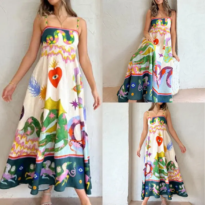 

2024 Summer Printed Suspender Dress Versatile Leisure Dress Camisole Sleeveless Ankle Length Skirt for Gift Lady Commuting