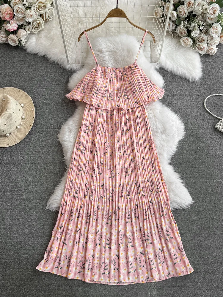 

Small And Fresh Rural Style Strapless Ruffled Edge Waist Slimming A-Line Pleated Floral Dress Seaside Vacation Long Skirt Women