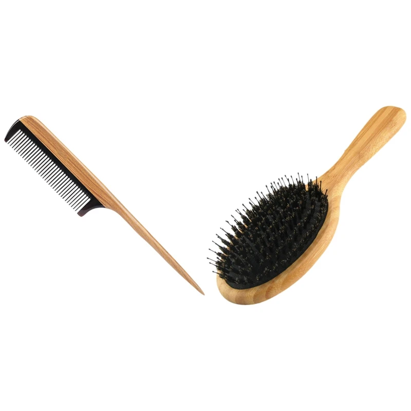 

Hair Combs -Natural Fine Tooth Wooden Tail Comb & Hair Brush Boar Bristle Hair Brush With Nylon Pins Bamboo