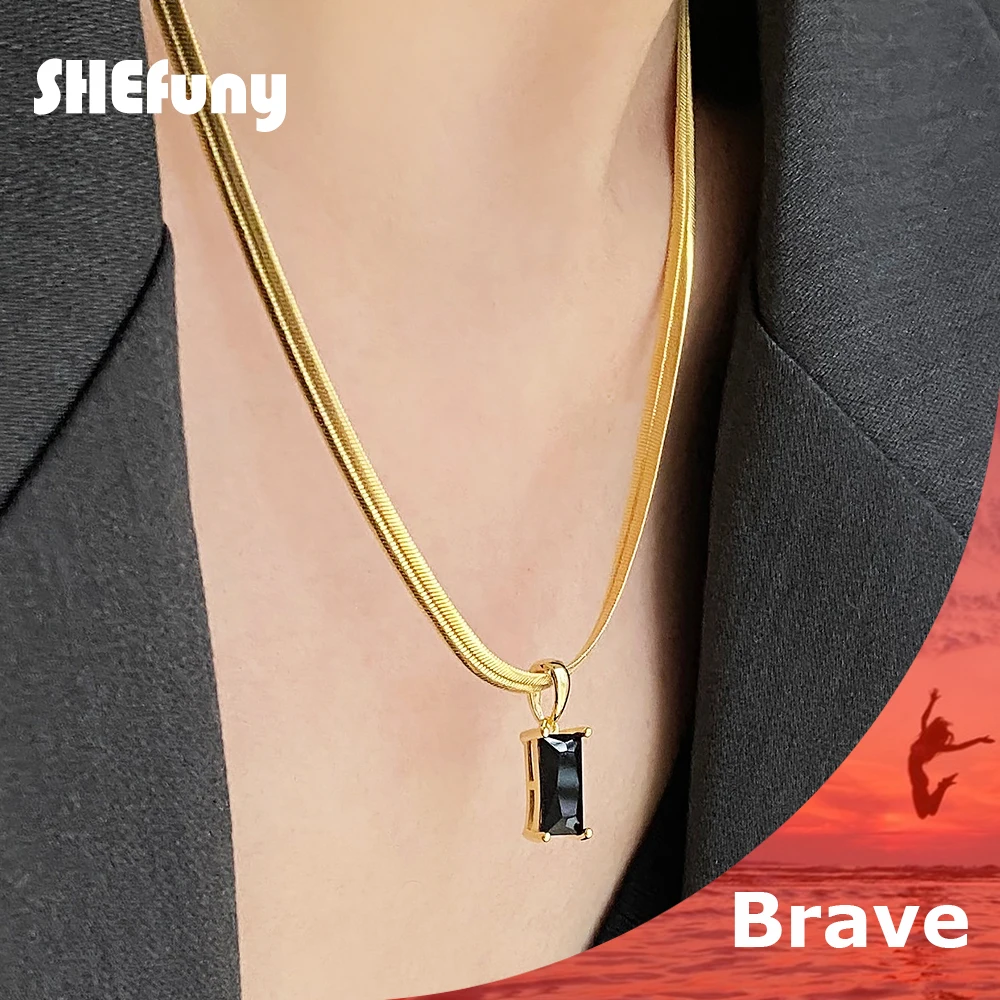 

Shefuny 925 Sterling Silver Square Zirconia Pendant Snake Bone Chain Gold Color Hip Hop Necklace For Women Fine Party Jewelry