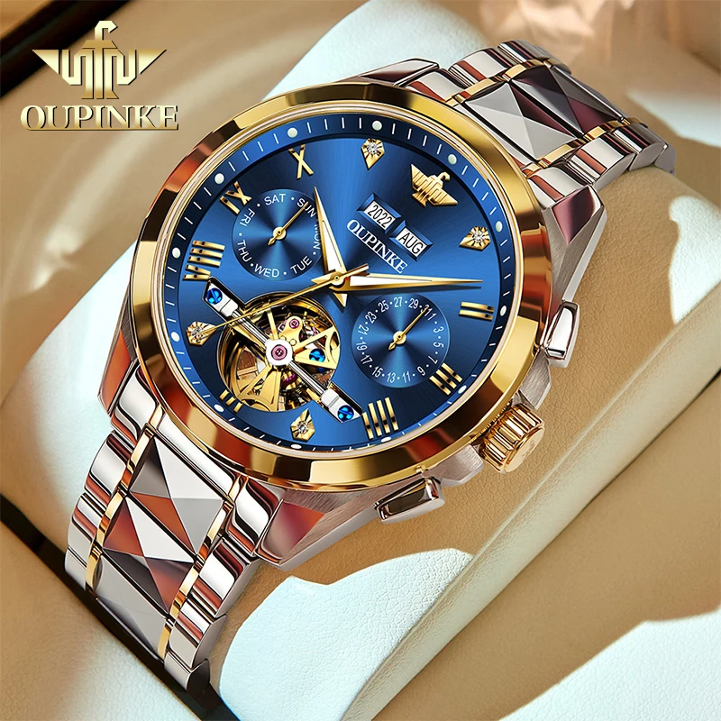 

OUPINKE 3186 Men's Watch Luxury Brand Waterproof Tungsten Steel Sapphire Mirror Skeleton Automatic Mechanical Watch Reloj Hombre