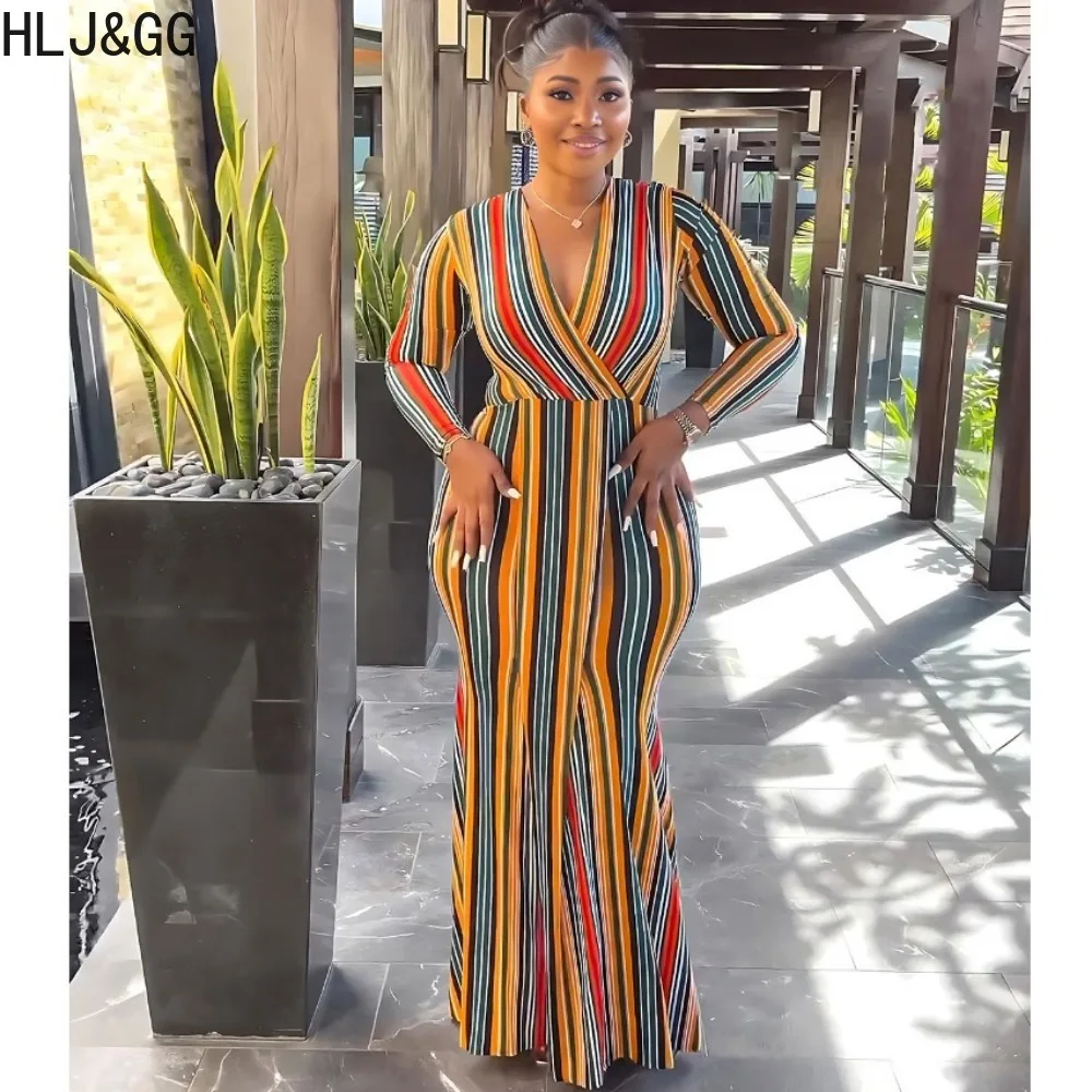 

HLJ&GG Elegant Lady Bohemian Stripes Print Deep V Maxi Dress Women Long Sleeve Loose Vestidos Fashion Holiday Vacation Clothing