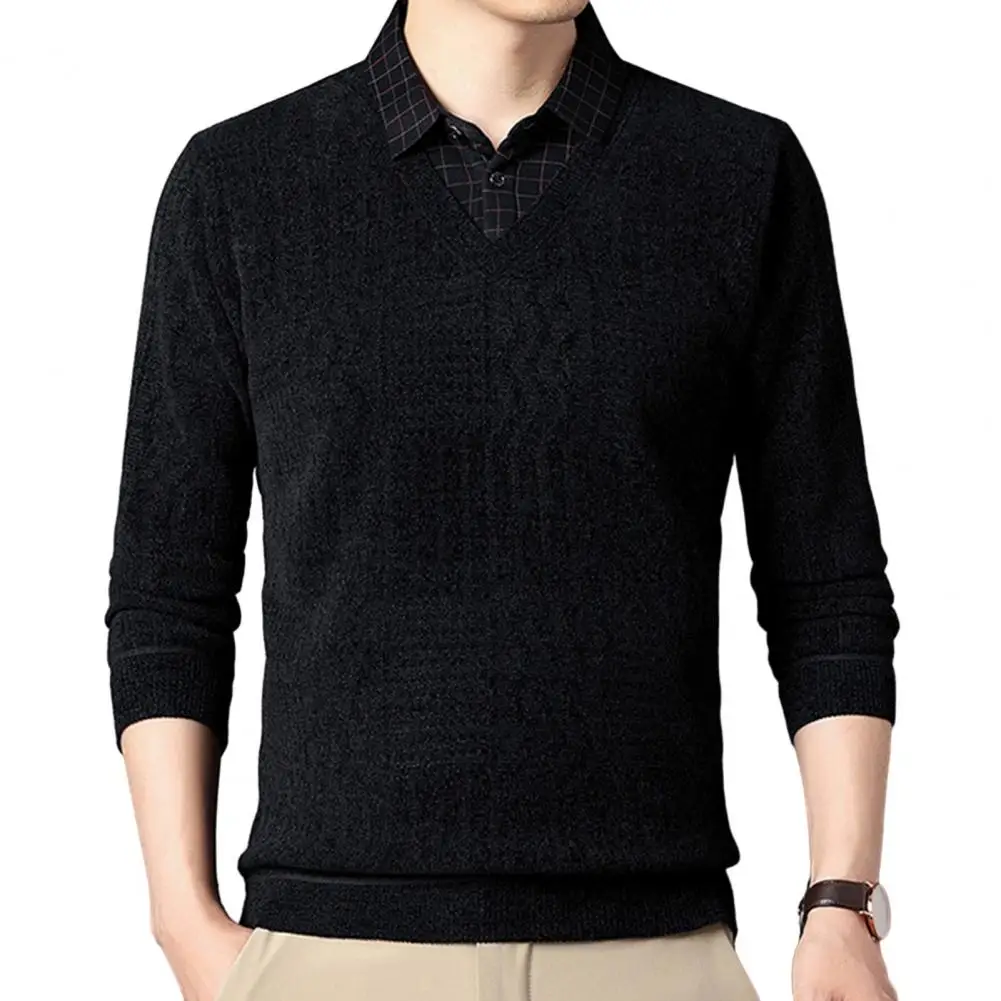 

Men Sweater Mid-aged Men's Plush Warm Sweater with Fake Two-piece Design Button Detail for Fall Winter Season Pullover Sweater