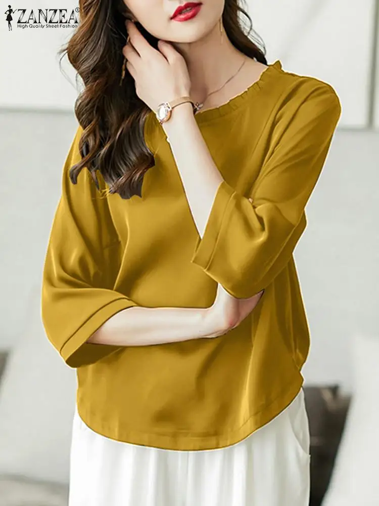 2023 ZANZEA Autumn Blouse Women O Neck 3/4 Sleeve Solid Work Shirt Female Casual Elegant Ruffles Hem Blusas OL Satin Tops Mujer
2023 ZANZEA Autumn Blouse Women O Neck 3/4 Sleeve Solid Work Shirt Female Casual Elegant Ruffles Hem Blusas OL Satin Tops Mujer