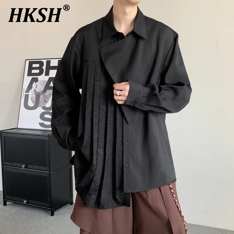 

HKSH Весенняя новая нишевая темная плиссированная китайская-шикарная Асимметричная сращенная рубашка с длинным рукавом в стиле панк шикарные японские Модные топы HK0066