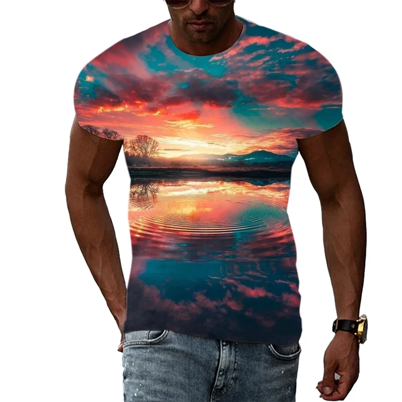 

Summer Fashion Casual Men's T-shirt Natural Landscape Map 3D Printing Personality Trend Round Neck Large Size Short-Sleeved Top