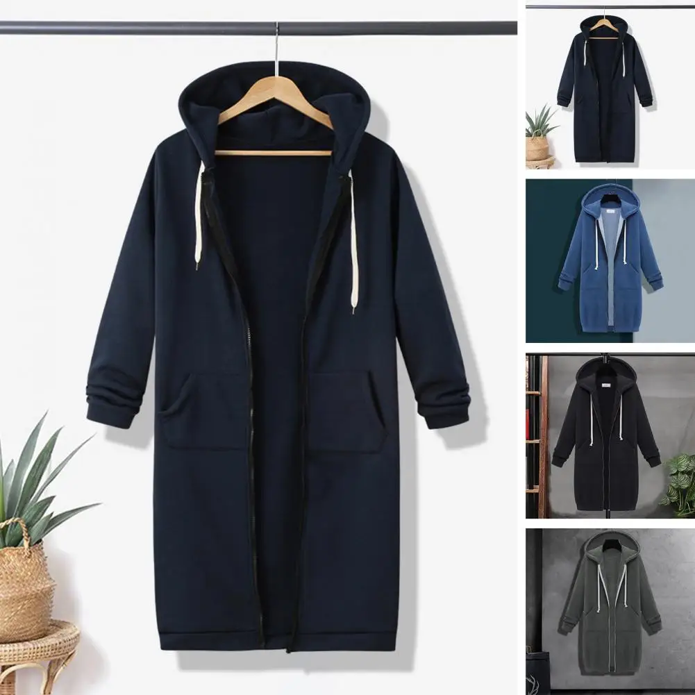 

Women's Long Hooded Sweatshirt With Pockets Zipper Placket Solid Color Hoodie Stylish Fall Winter Fashion Coat Zip Up Outerwears