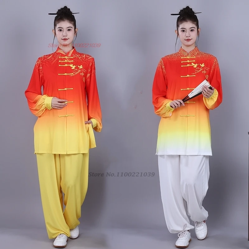 

Коллекция 2024 года, китайская винтажная флуоресцентная одежда, Национальный градиент, искусственные упражнения, топы кунг-фу, комплект брюк