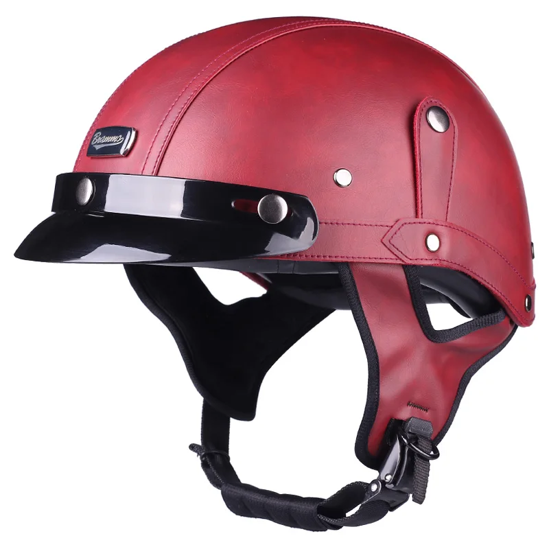 

Red Leather Retro Half Helmet Detachable Lining Summer Motorcycle Helmet ABS Protective Materials Motorcycle Helmets Ant-iFall