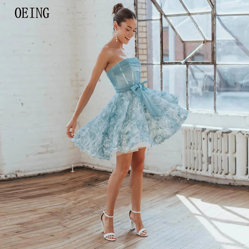 

OEING Pretty Sky Blue Quinceanera Dress Mini Strapless Evening Dresses For Prom Custom Made Vestidos De Fiesta Fairy Gowns