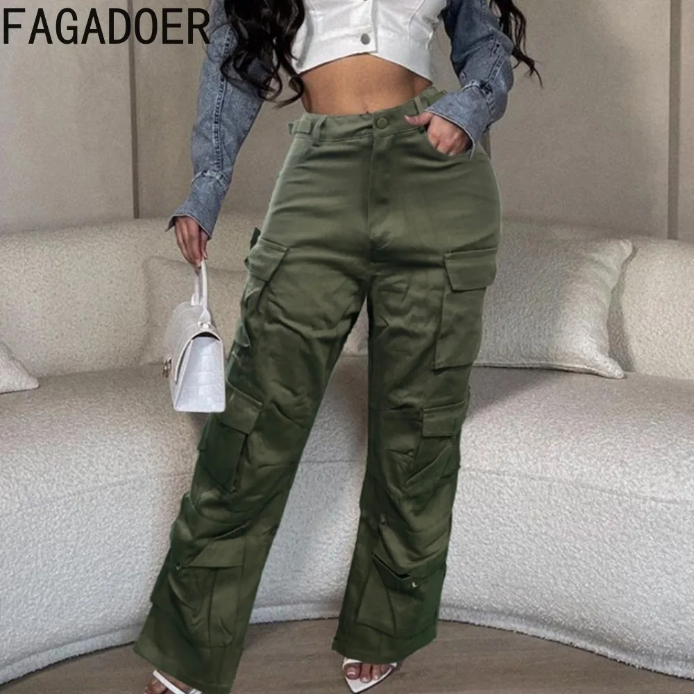 

FAGADOER Green Fashion Pocket Cargo Wide Leg Denim Pants Women High Waisted Button Straight Jean Casual Female Cowboy Bottoms