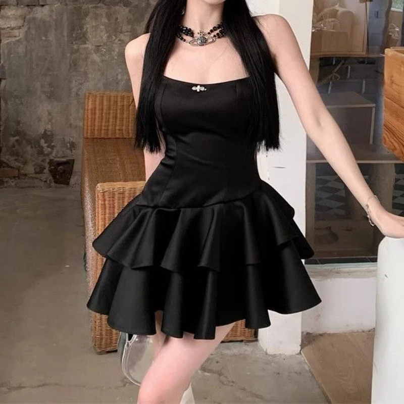 

HOUZHOU Black Strapless Sweet Satin Dresses Woman Mini Sleeveless Short Dress Coquette Aesthetic Ruffle Bodycone Summer Chic