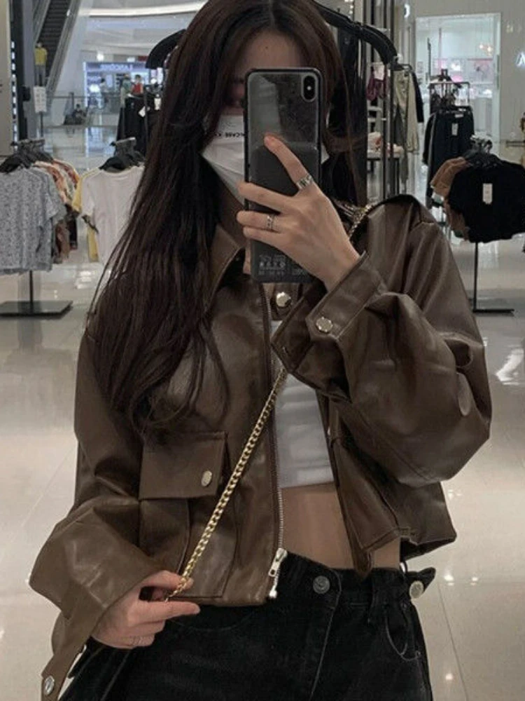 Autumn Brown Cropped Leather Jacket Women Korean Fashion Thin Loose Biker Coat Female 2023 Winter Warm Outerwear Casual Chic Top
Autumn Brown Cropped Leather Jacket Women Korean Fashion Thin Loose Biker Coat Female 2023 Winter Warm Outerwear Casual Chic Top