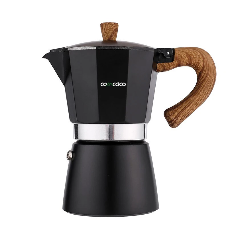 

OEM Mesin Kopi Cafeteira ABS Wood Grain Handle Italian Style Stovetop Espresso Coffeemaker Mocha Maker Mokapot Coffee Moka Pot