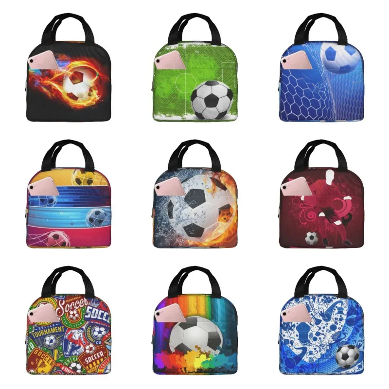 

Soccer Soccer Ball Flames Thermal Insulated Lunch Bag Men Sport Portable Lunch Tote for School Travel Storage Food Box