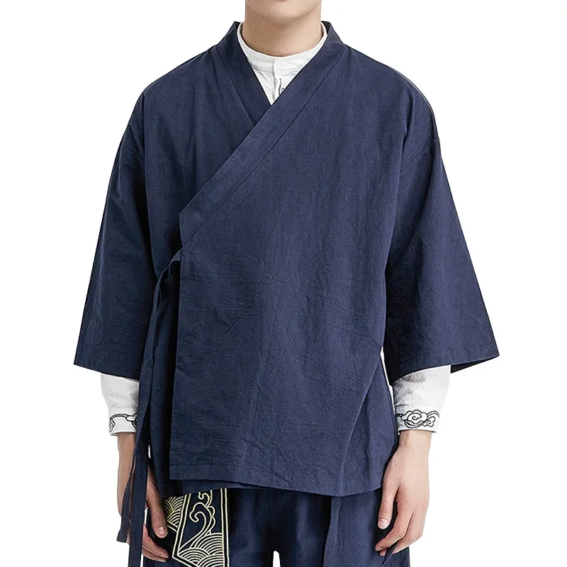 

Summer Chinese Style Linen Jacket Hanfu Men Costume Suit Loose Large Size Cotton Linen Retro Style Tang Suit Robe Male
