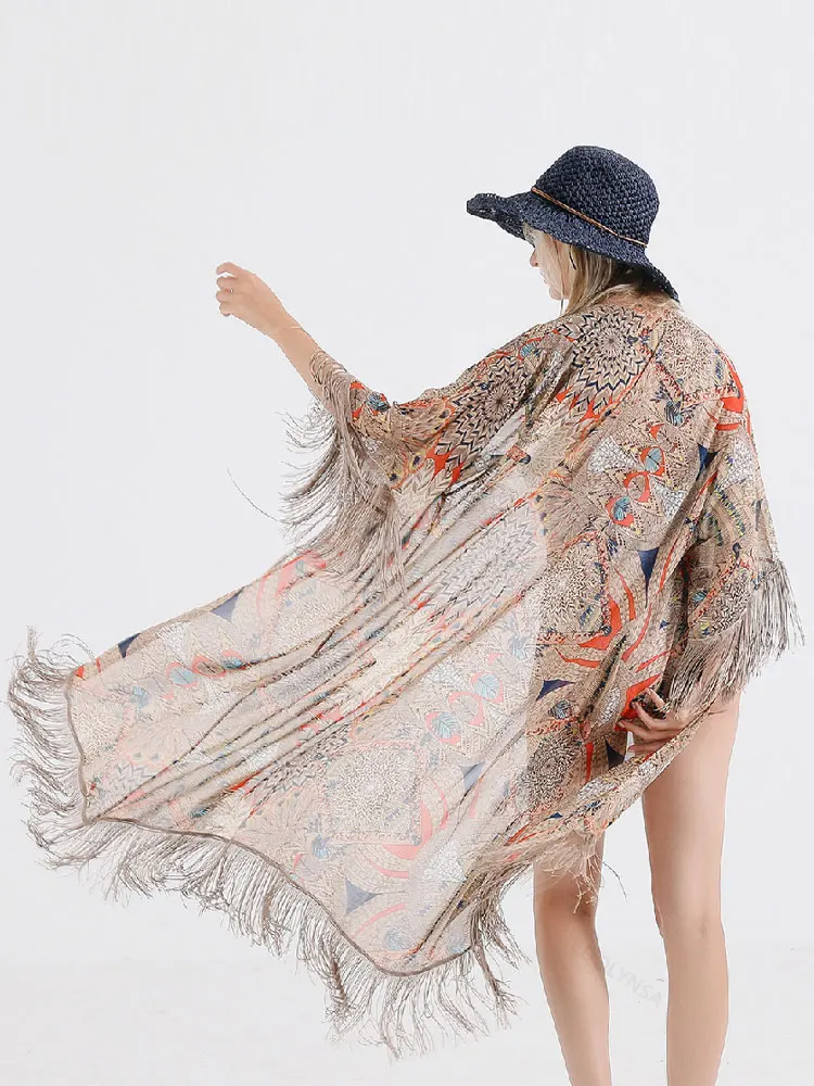 

Bohemian Printed Fringed Three Quarter Sleeve Plus Size Long Kimono Cardigan Beach Wear Clothers Women Tops and Blouses A383