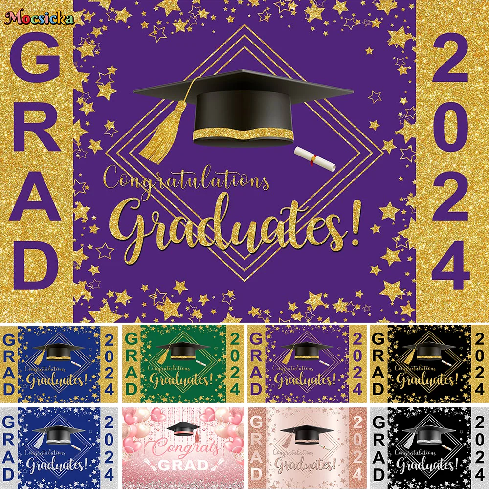 

Happy Graduation Party Backdrop Banner Class Of 2024 Student Kids Portrait Background Photography Top Hat Golden Glitter Decor