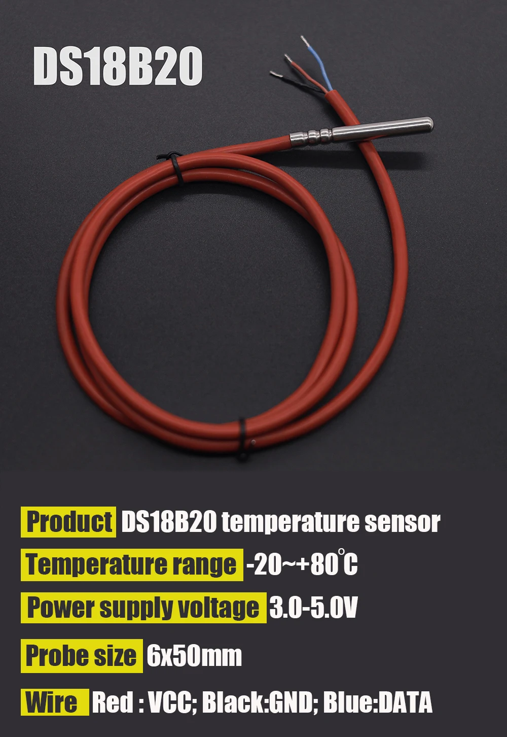 DS18B20 -50~80'C waterproof Temperature Sensor Stainless Steel 6*50 mm Thermocouple silicone wire
DS18B20 -50~80'C waterproof Temperature Sensor Stainless Steel 6*50 mm Thermocouple silicone wire