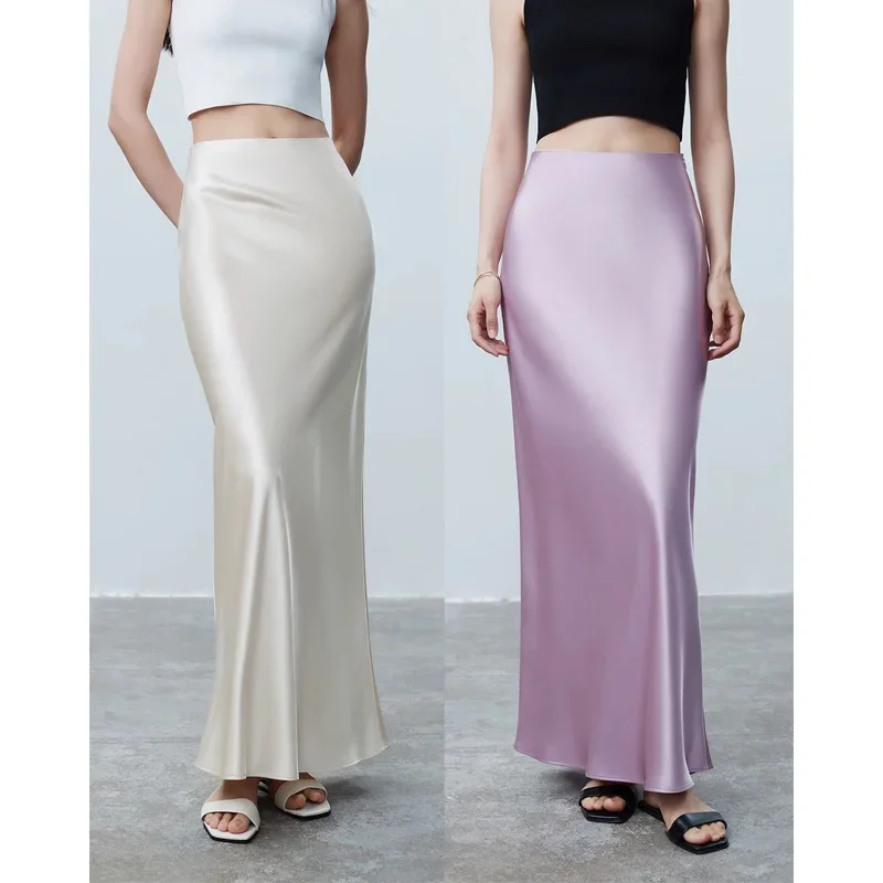 

Maxi Satin Fake Silk Skirt Women's Summer High Waist Elegant Thin Step Fishtail Wrapped Hip Long Skirt Woman