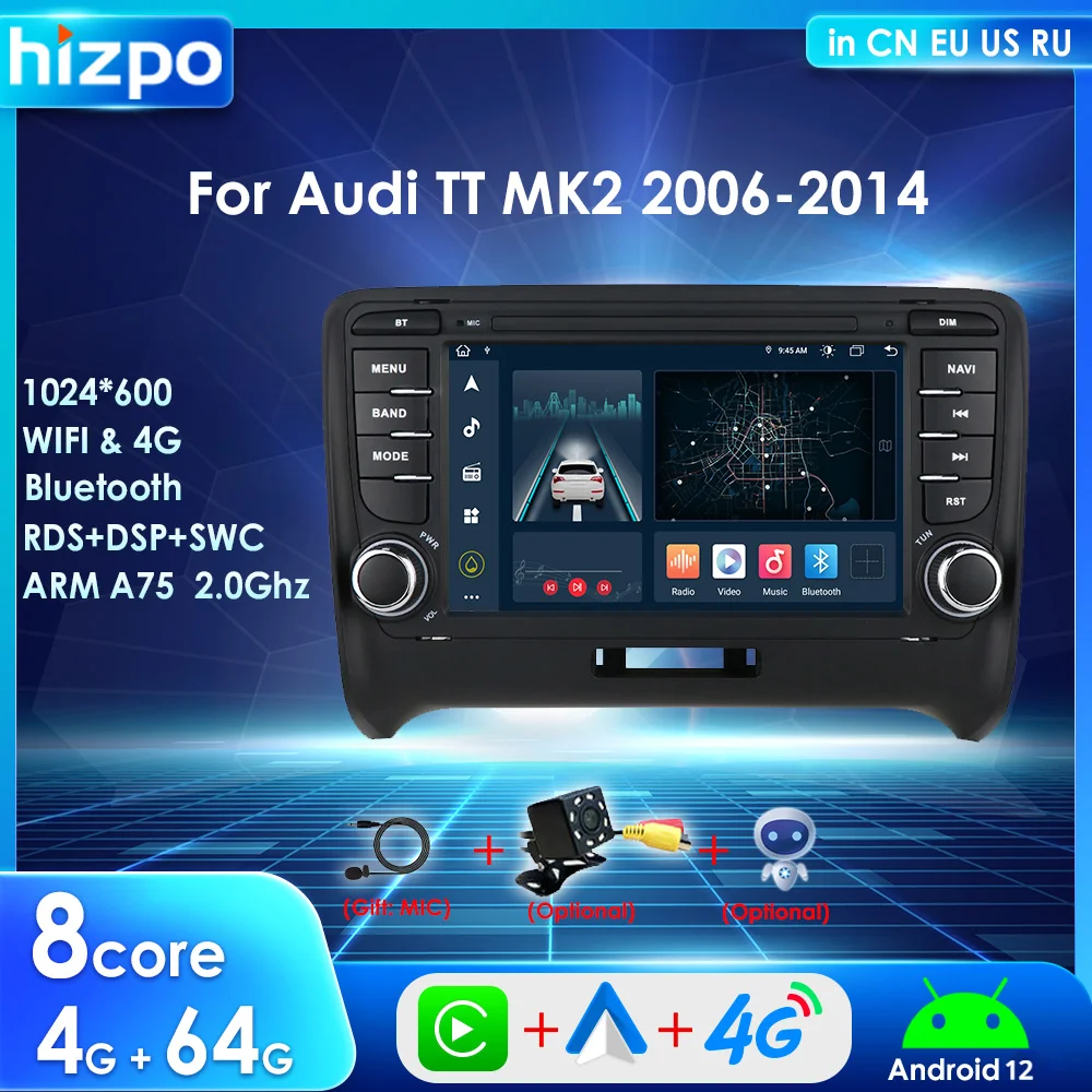 

Hizpo 7" 2 Din Carplay Screen for Audi TT MK2 2006-2014 Android 12 Car Radio Multimedia Player GPS Navi BT 4G RDS DSP SWC NO DVD