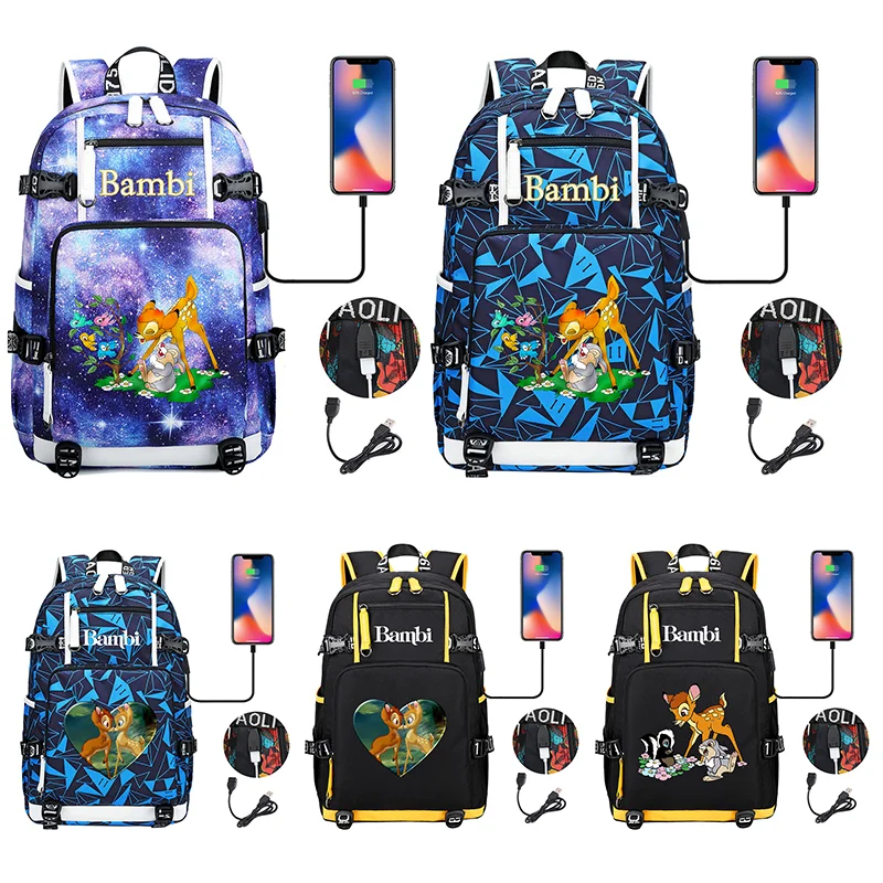 

Fashion Bambi Multifuction Boys Students Schoolbag Large Capacity Laptop Bag Waterproof USB Charging Backpack Mochila