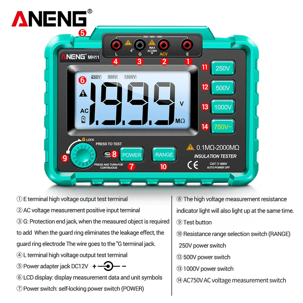 ANENG MH11 Insulation Earth Resistance Tester Digital Ground Resistance Meter Ohm Voltage Tester Megohmmeter Megger Meter
ANENG MH11 Insulation Earth Resistance Tester Digital Ground Resistance Meter Ohm Voltage Tester Megohmmeter Megger Meter
