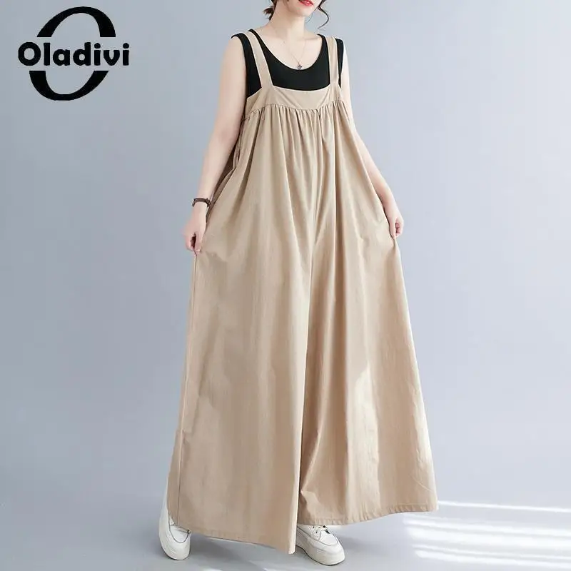

Oladivi Large Size Women Sleeveless Wide Leg Playsuits Summer Casual Loose Overalls Vintage Ladies Oversized Jumpsuits 4XL 2388