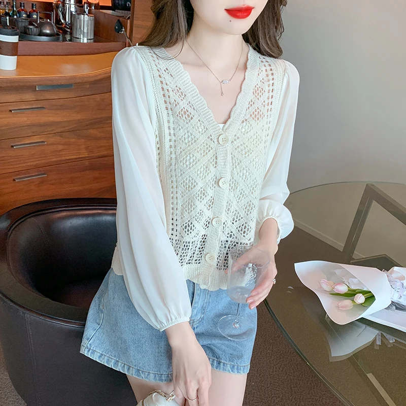 

Chiffon Splicing Pullover Sweater Women Clothing Ladies Autumn Casual Thin Nice Knitwear Female Woman OL Sweaters Py8010