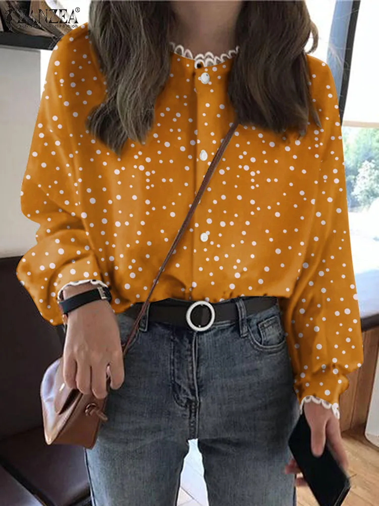 

Korean Women Blouse Elegant Dots Print Top Shirt ZANZEA 2024 Spring Vintage Round Neck Office Blusas Casual Lantern Sleeve Tunic