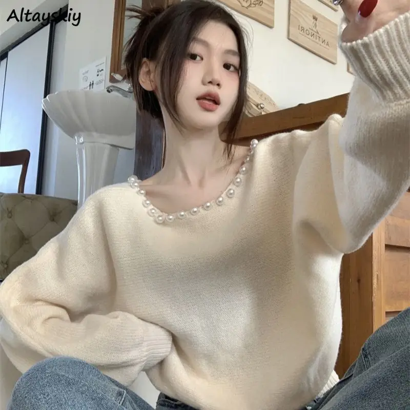 

O-neck Pullovers Women Loose Spring Autumn New Thin Design Pearls Temperament Knitting Soft Gentle Korean-style Sweet Girls Cozy