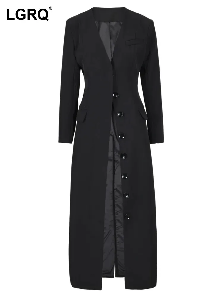 

Женский Длинный блейзер с V-образным вырезом LGRQ, модный однобортный черный пиджак с длинным рукавом и высокой талией, Новинка лета 2024, 7AB1239