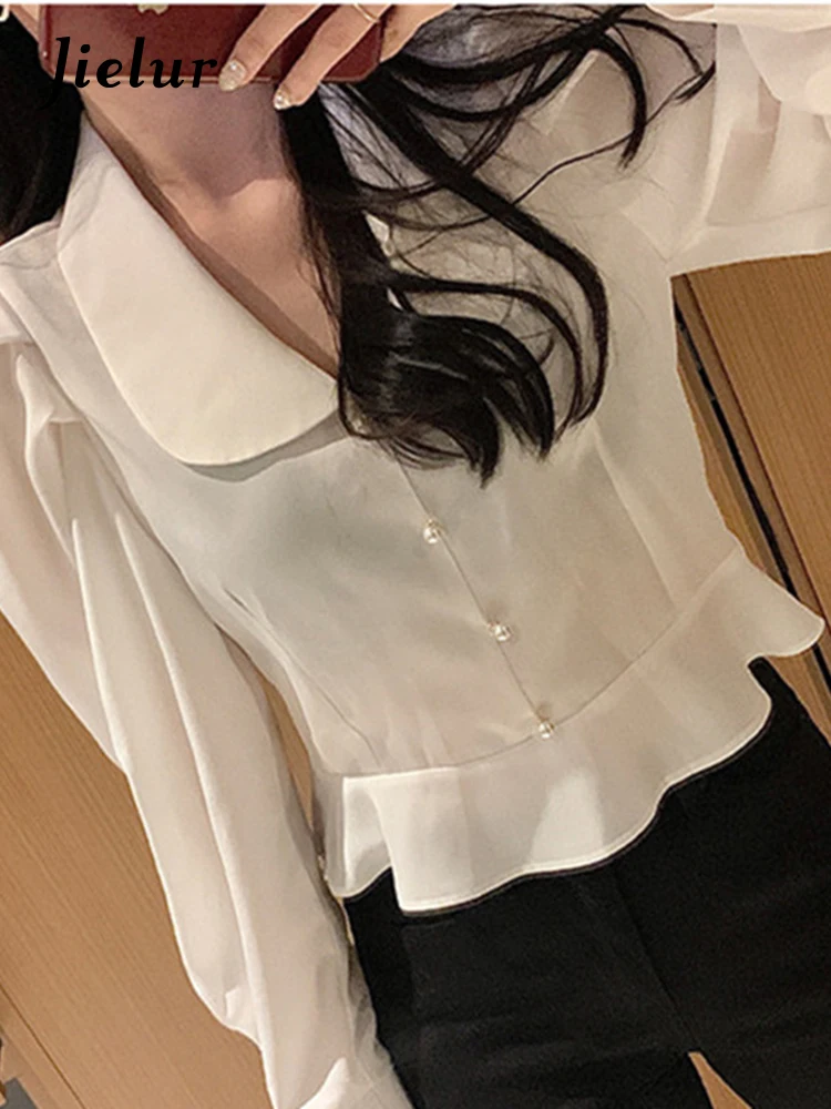 

Jielur 2022 Spring Ruffled Corp Tops and Blouses Women Cute Chic Korea Solid Peter Pan Collar Single Breasted Button Shirt