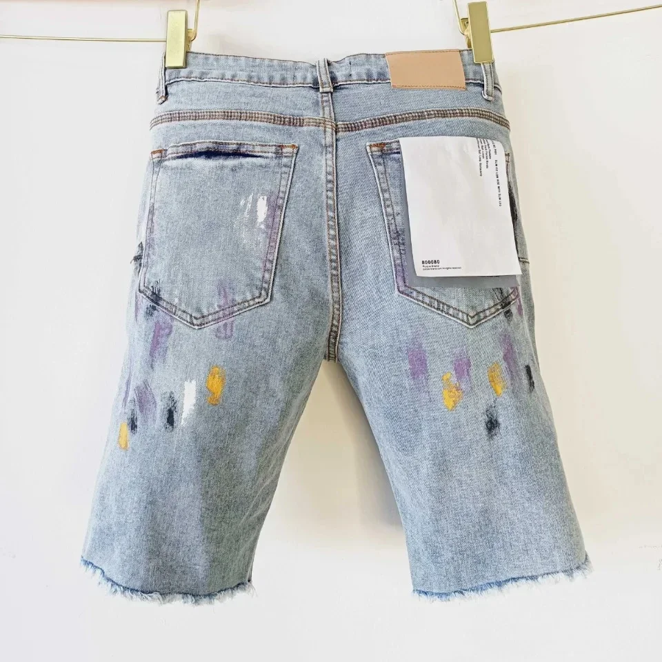 

2024 фиолетовые брендовые джинсы ROCA, уличный тренд, мужские джинсовые шорты с меховыми краями, брызгами и чернилами, облегающие брюки