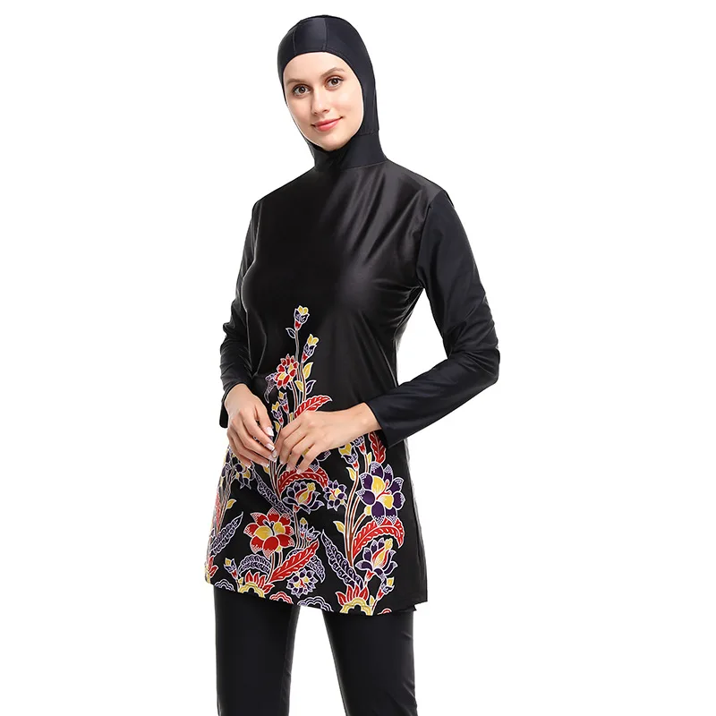 

Muslim Swimwear Women Modest Print Hijab Hooded Tops Pants Set Swimsuit Islamic Burkini Beachwear Bathing Suit Maillot De Bain