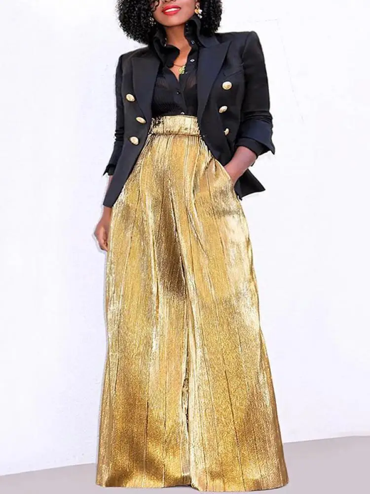 

Yeezzi Urban Female Elasticity High-Waisted Wide Leg Gold Pants 2023 Autumn Winter Loose Fashion Causal Floor-Length Trousers