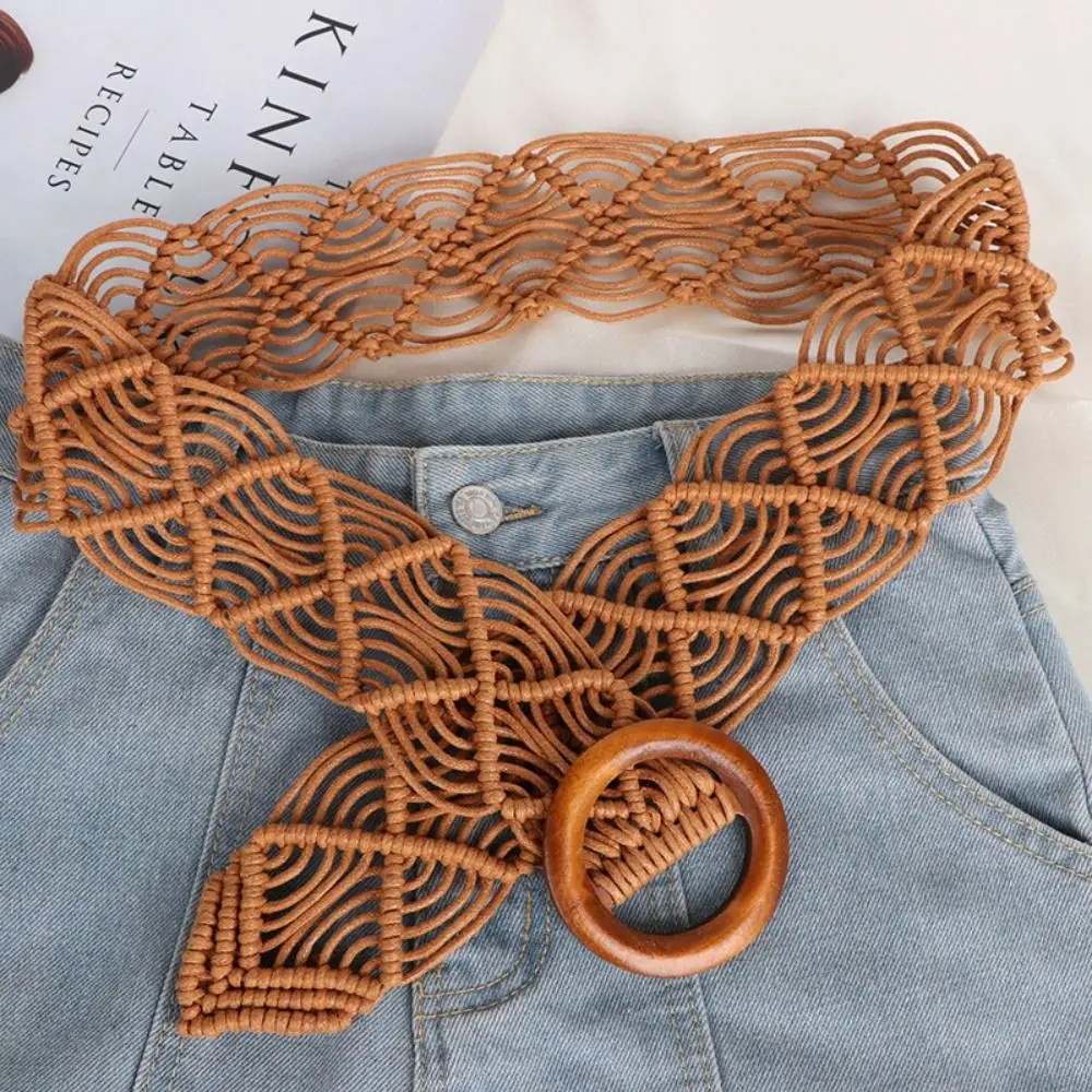 

Simple Vintage Hand-woven DIY All-match Wax Rope Beach Round Wooden Button Braided Belt Women Waist Chain Ethnic Style Belts